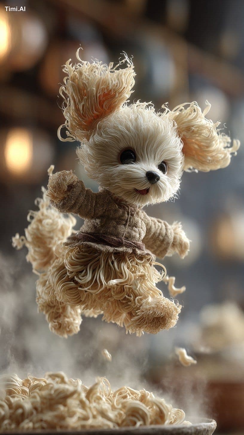 A hyper-realistic hybrid creature combining a Maltese and ra