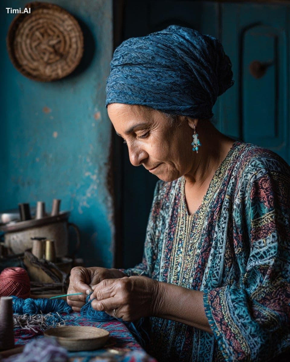 side view of a 60 years egyptian woman at home threading the