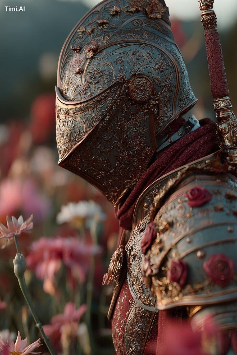 Knight in intricate engraved armor, standing amidst a field 