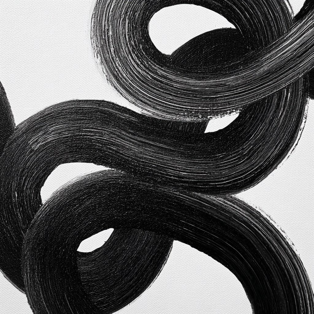 a black and white drawing of intertwined, curved lines, form