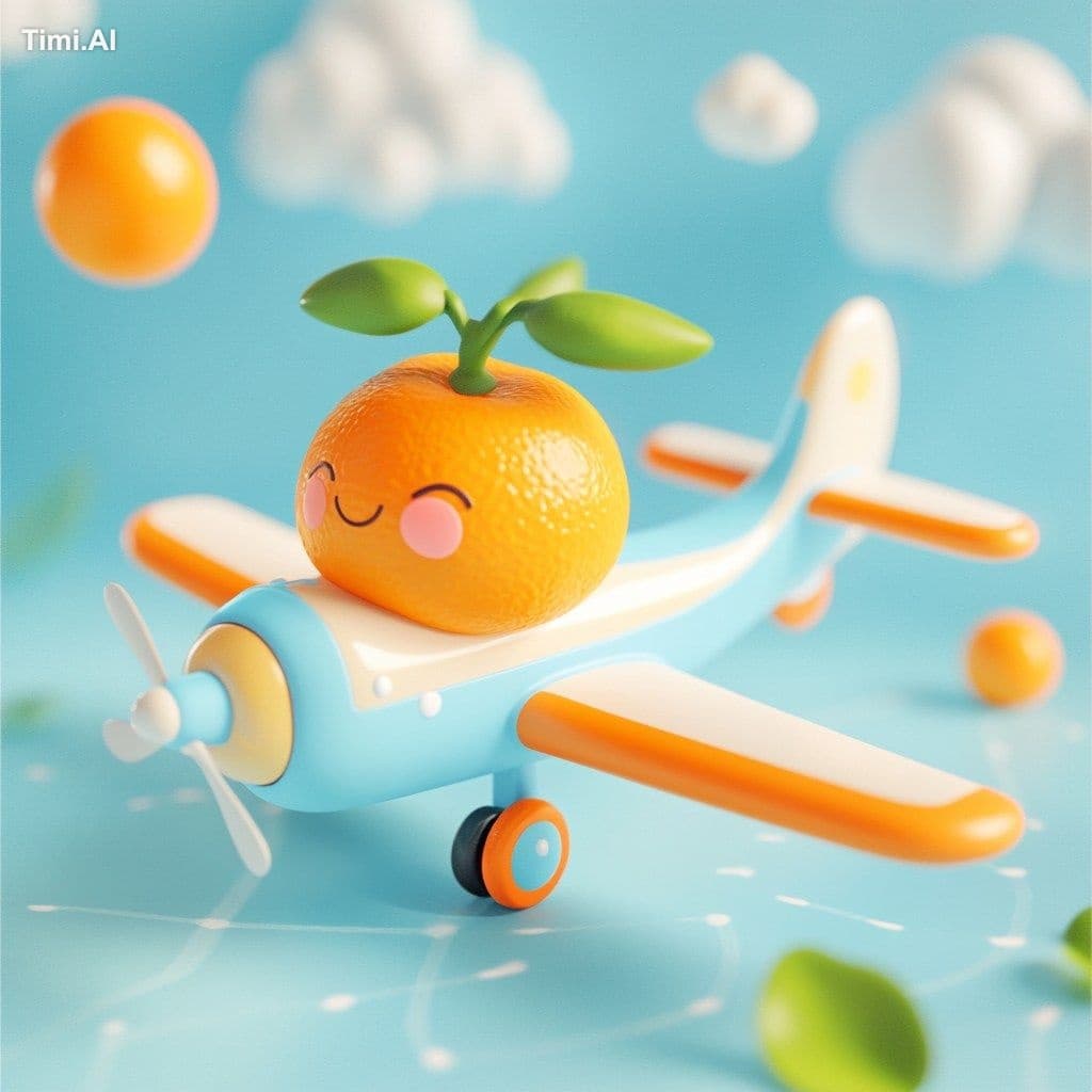 A 3D background with a cute tangerine on a cute airplane is 