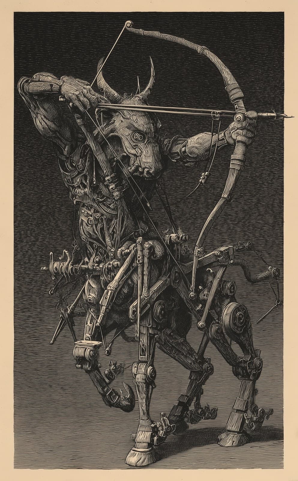 Ssarssaiel, a centaur, holding a bow in its hand, holding th