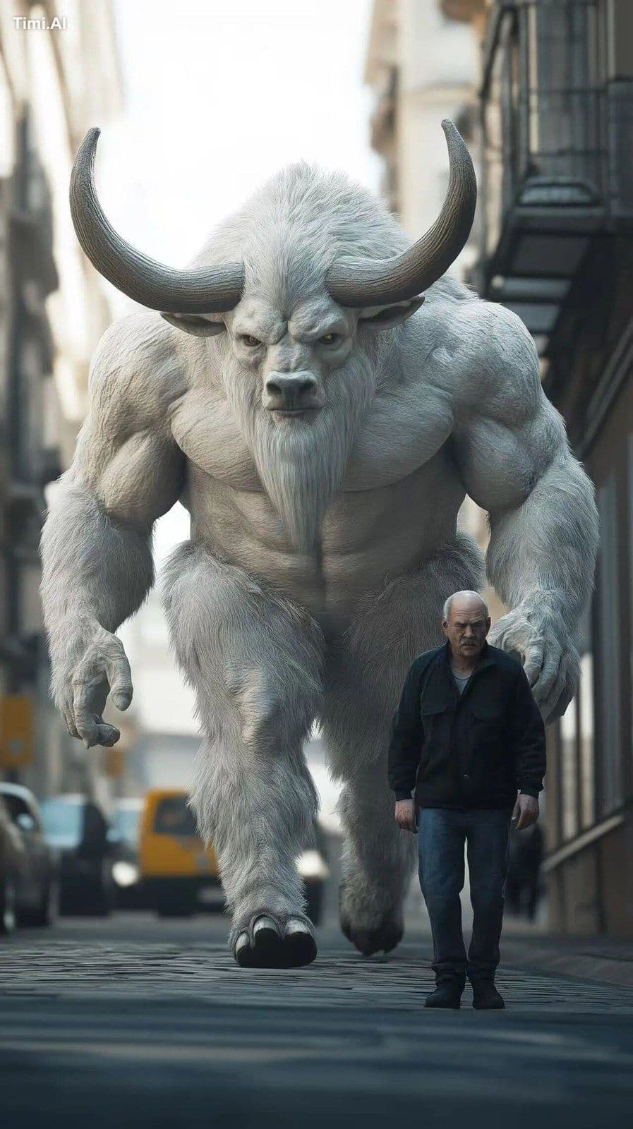 A gigantic, muscular, white bison-like humanoid with large h