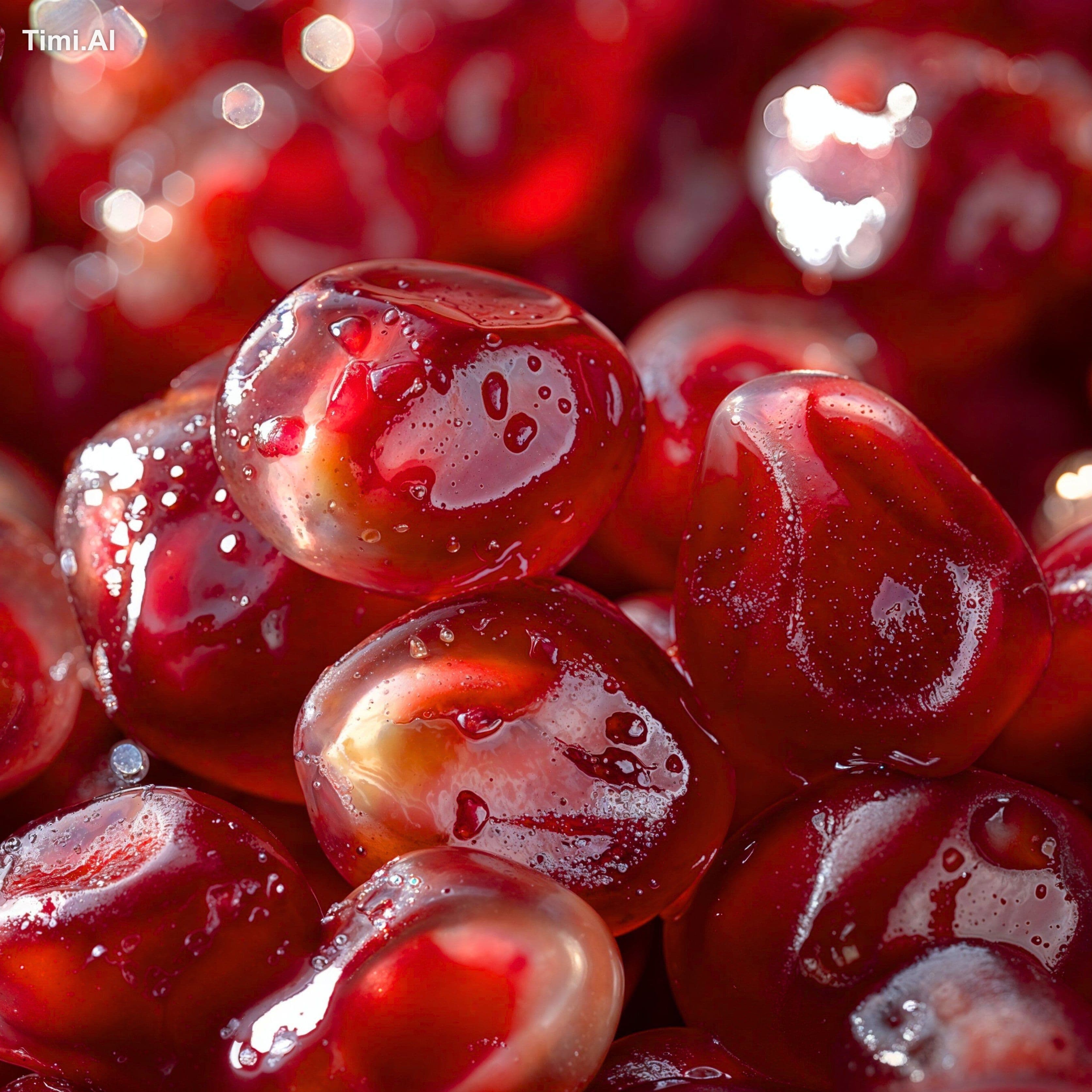 A cluster of ripe pomegranate arils, vivid ruby-red and plum