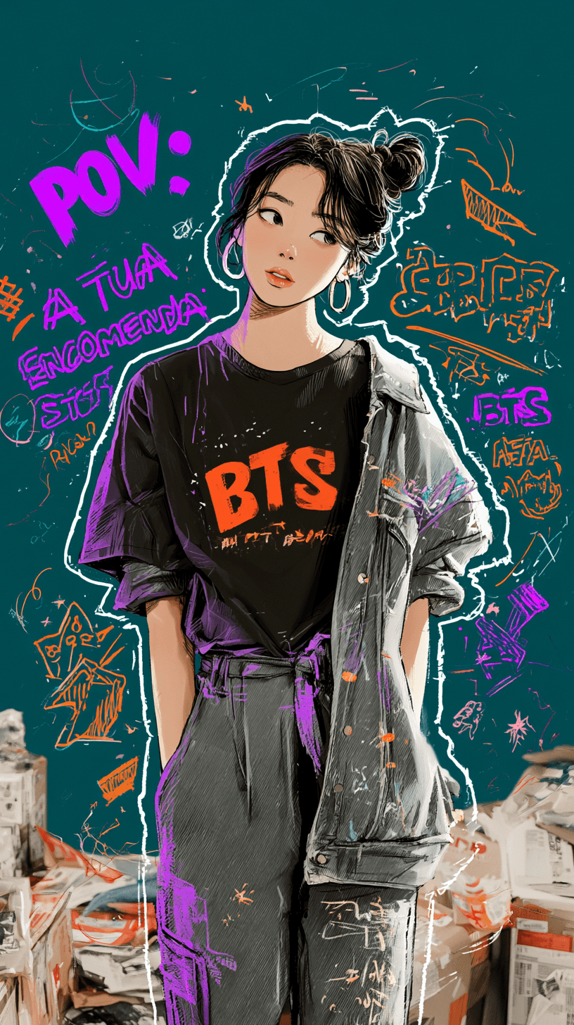 Adiciona o texto "POV: a tua encomenda BTS está a ser prepar