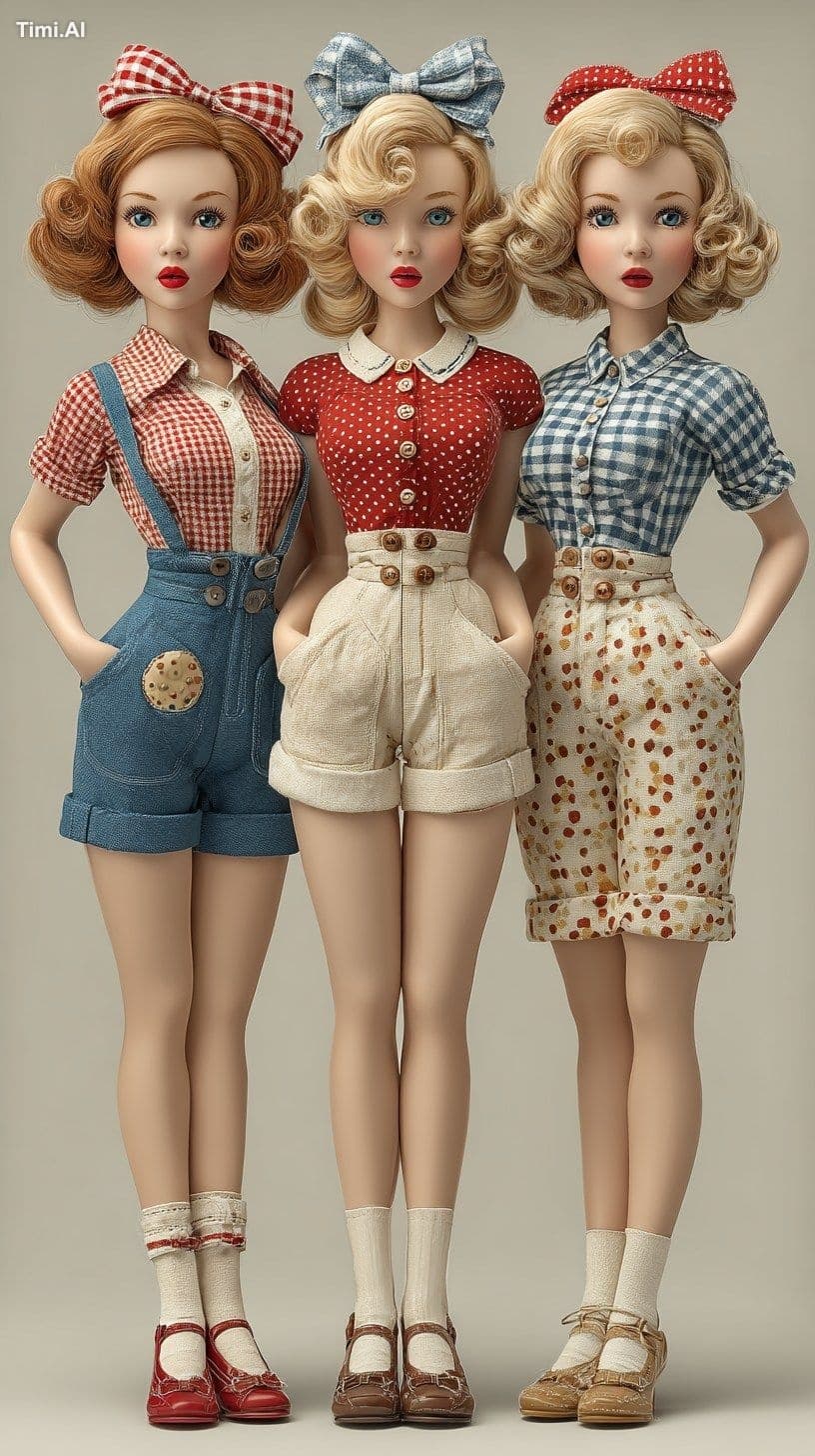 three vintage-style 18-inch dolls wearing 1940s inspired pla