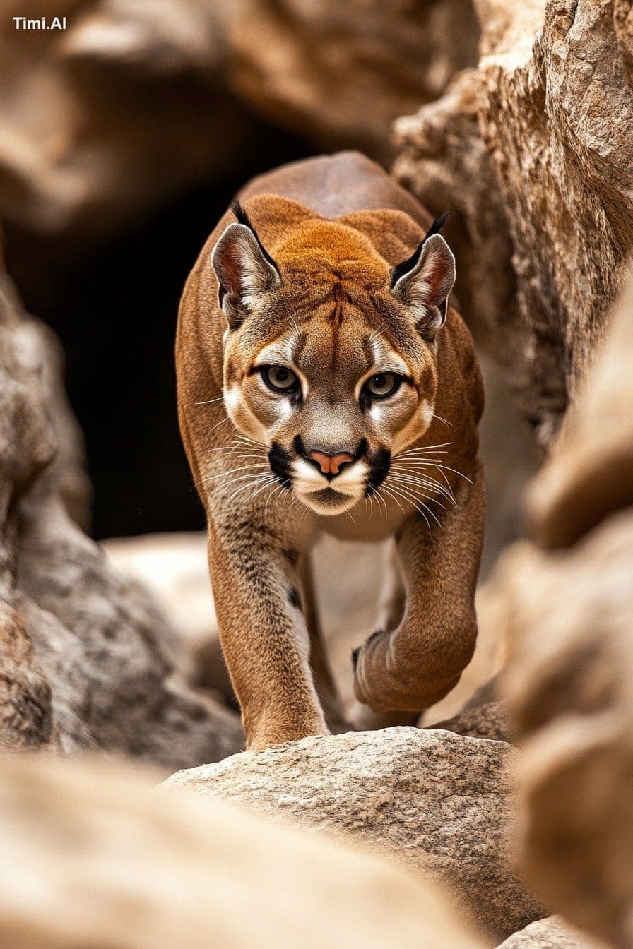 A regal cougar prowling through a rocky canyon, with a sleek