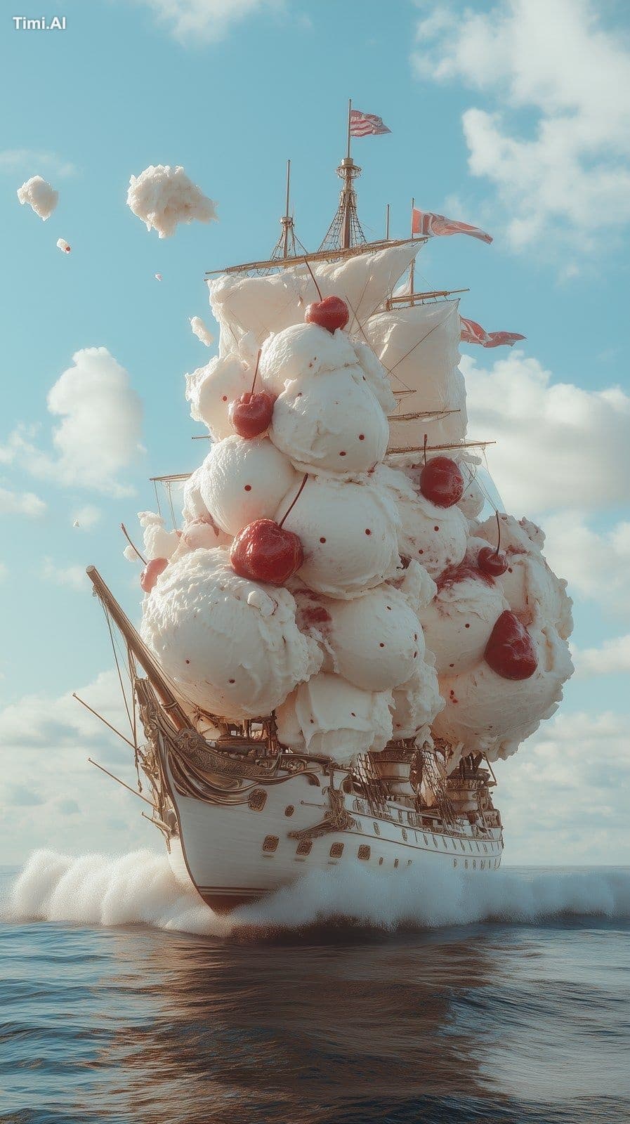 a white galleon with gigantic scoops of cherry icecream sitt