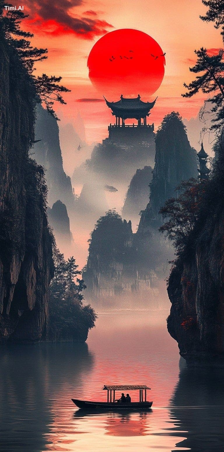 Chinese landscape, sunset in the west of mountains and river