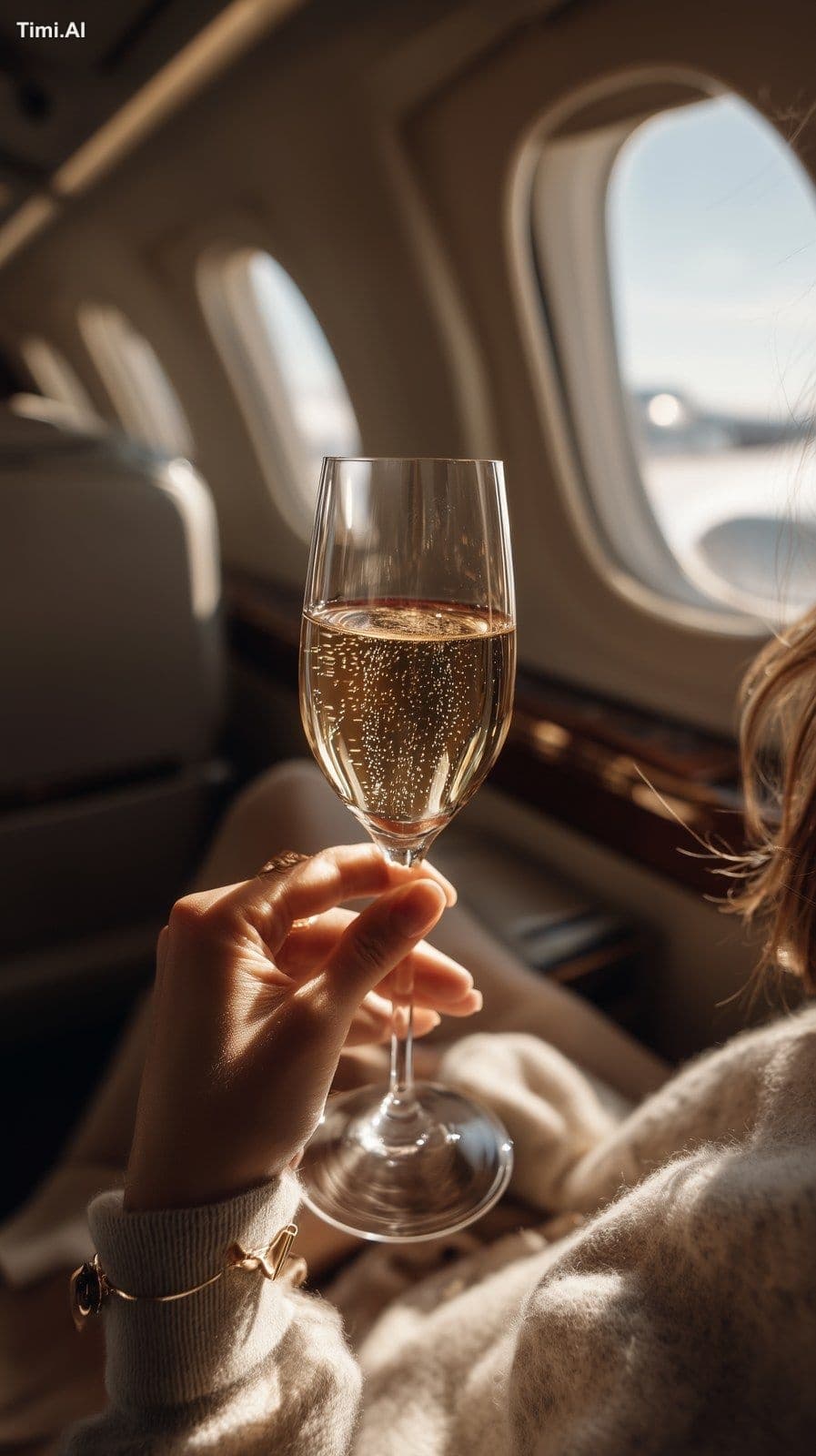 POV angle of woman holding a champaign glass in private jet.