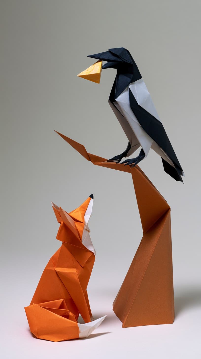 An origami scene of the fox and the crow fable, a crow folde