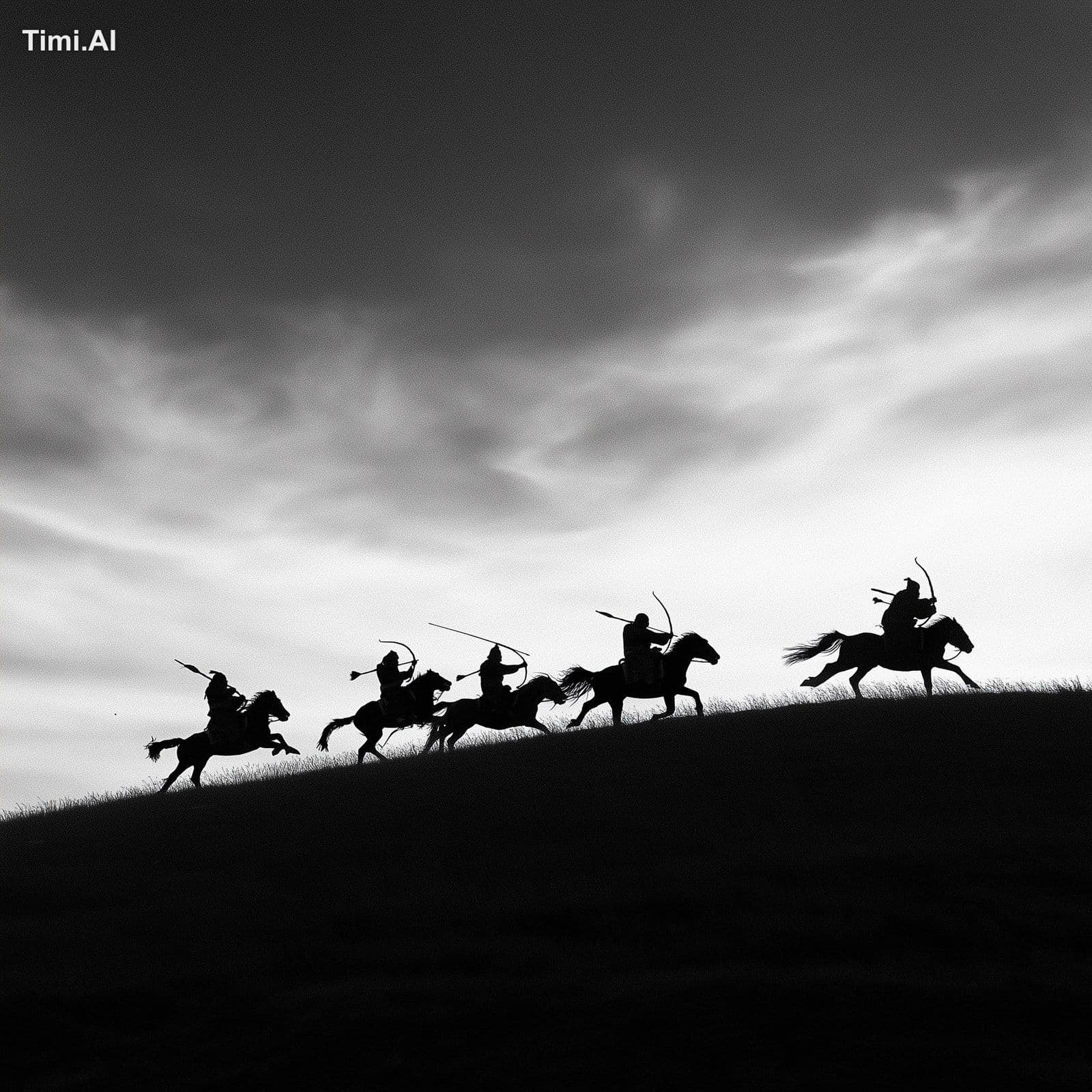 Black-and-white photo of silhouettes of Central Asian nomadi