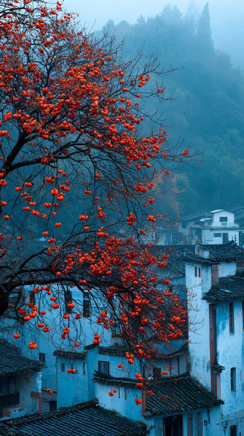 In the mountains of late autumn, a persimmon tree is laden w