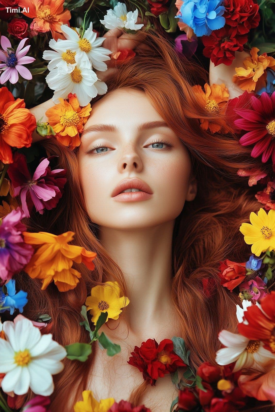 Create a realistic photo of a woman surounden by colorfull f