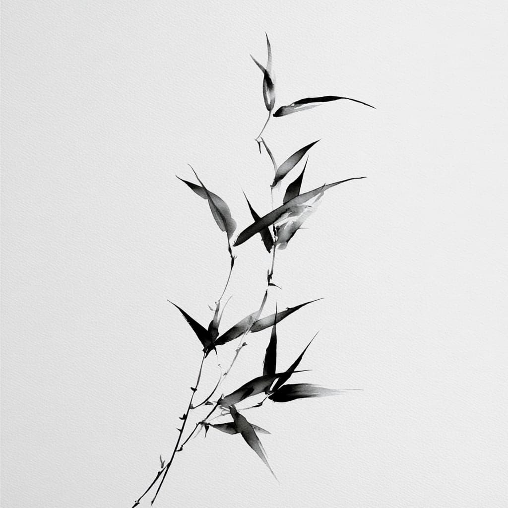 a few thin bamboo leaves in a slender shape, in traditional 