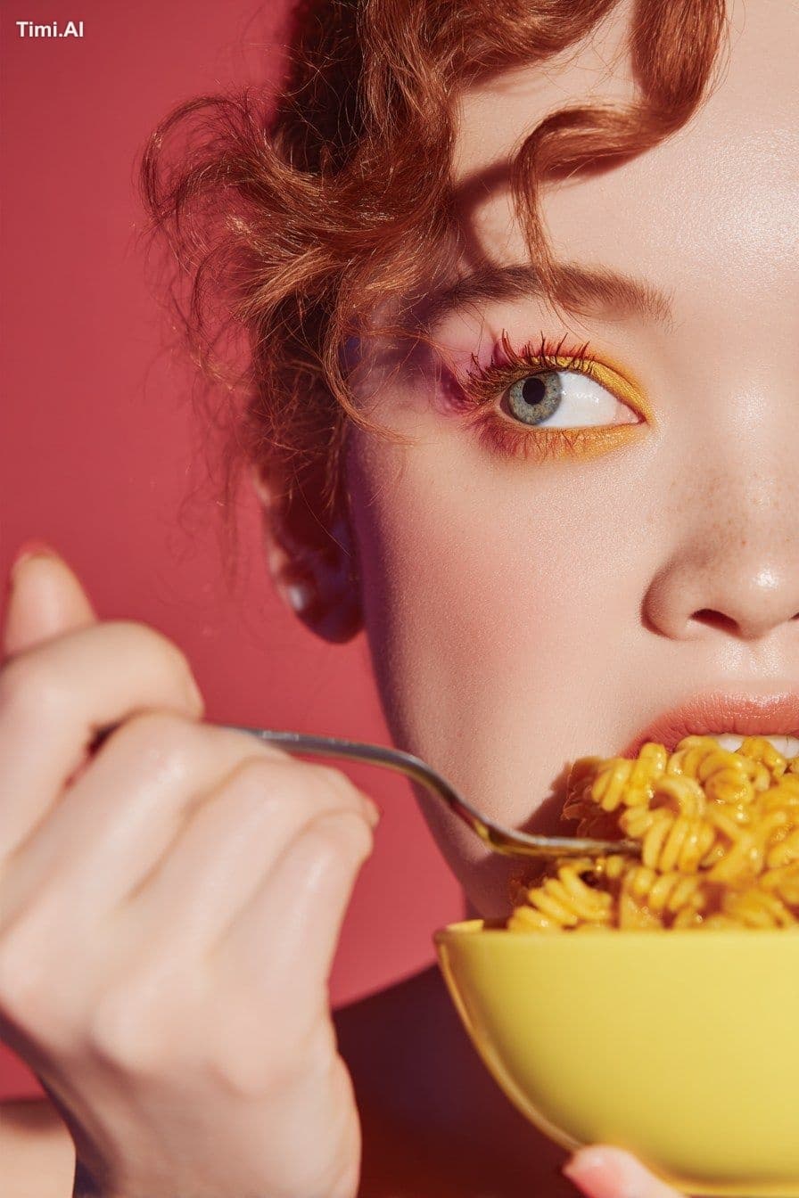 (smiling persons eating: [side dish]). Vibrant studio photog