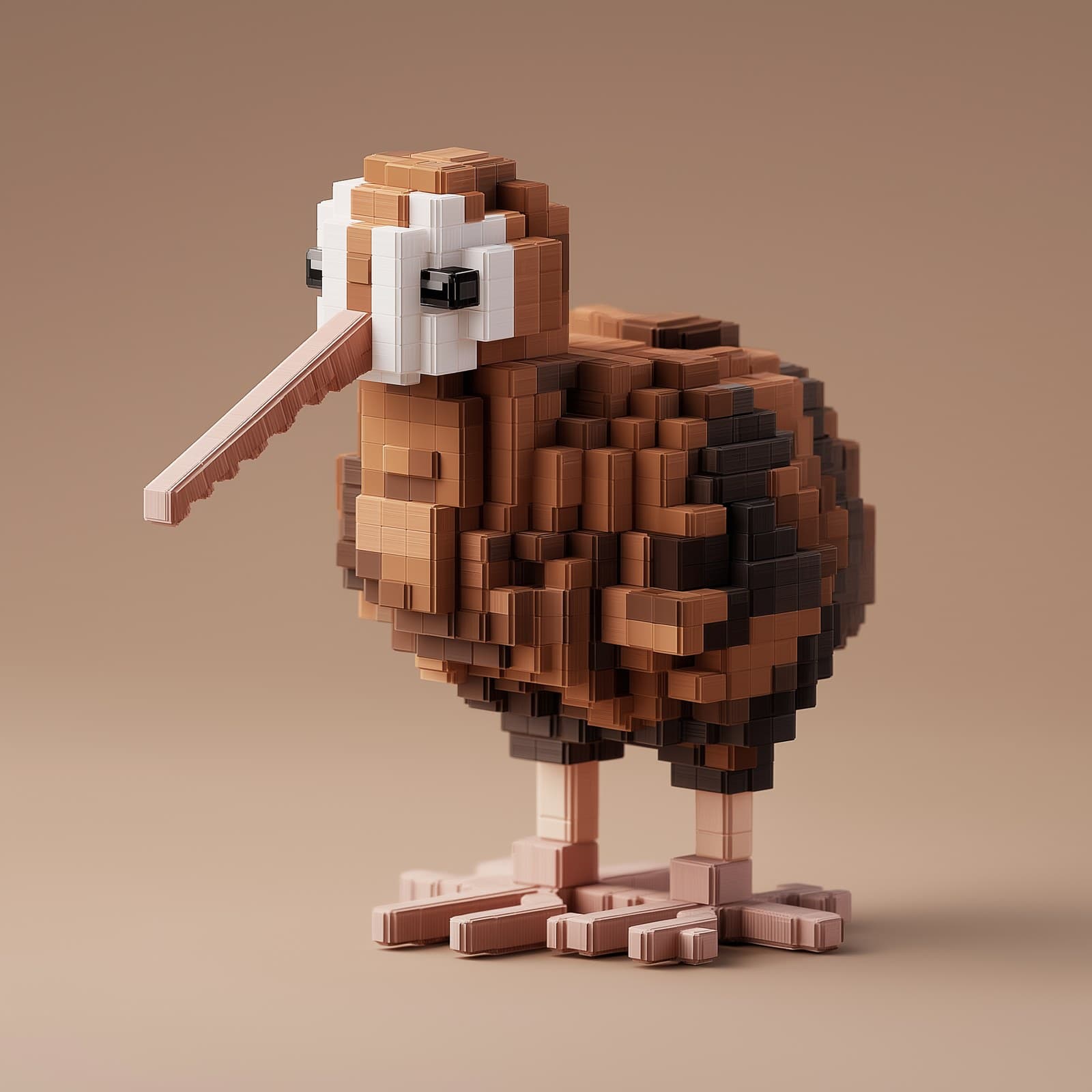 brown coloured 3D voxelated kiwi bird rendered in the style 