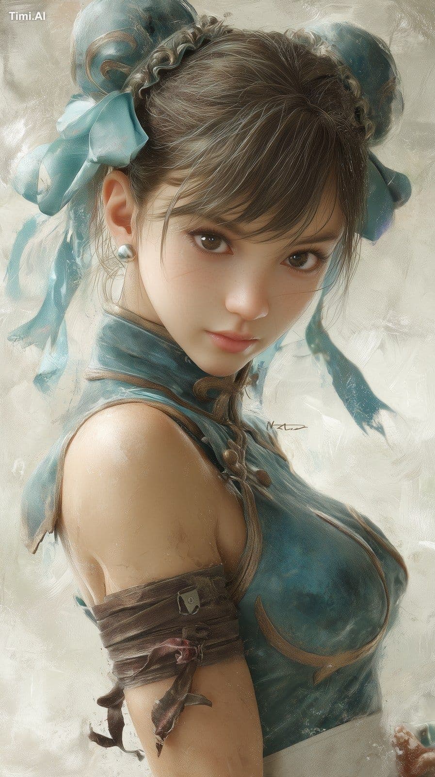 採用 Artgerm 風格的超現實主義 3D 插圖描繪了街頭霸王系列中的春麗，背景令人毛骨悚然且神秘。她的笑容淡淡的，但