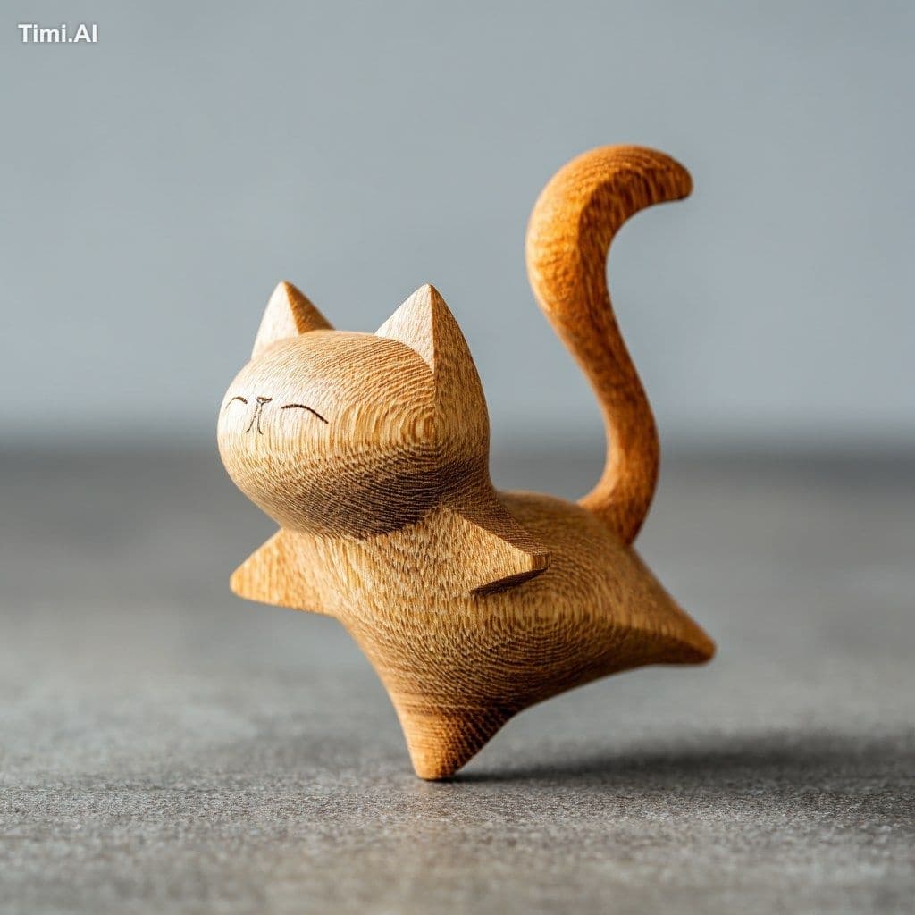 A small wooden cat figurine is dancing on the table, with it