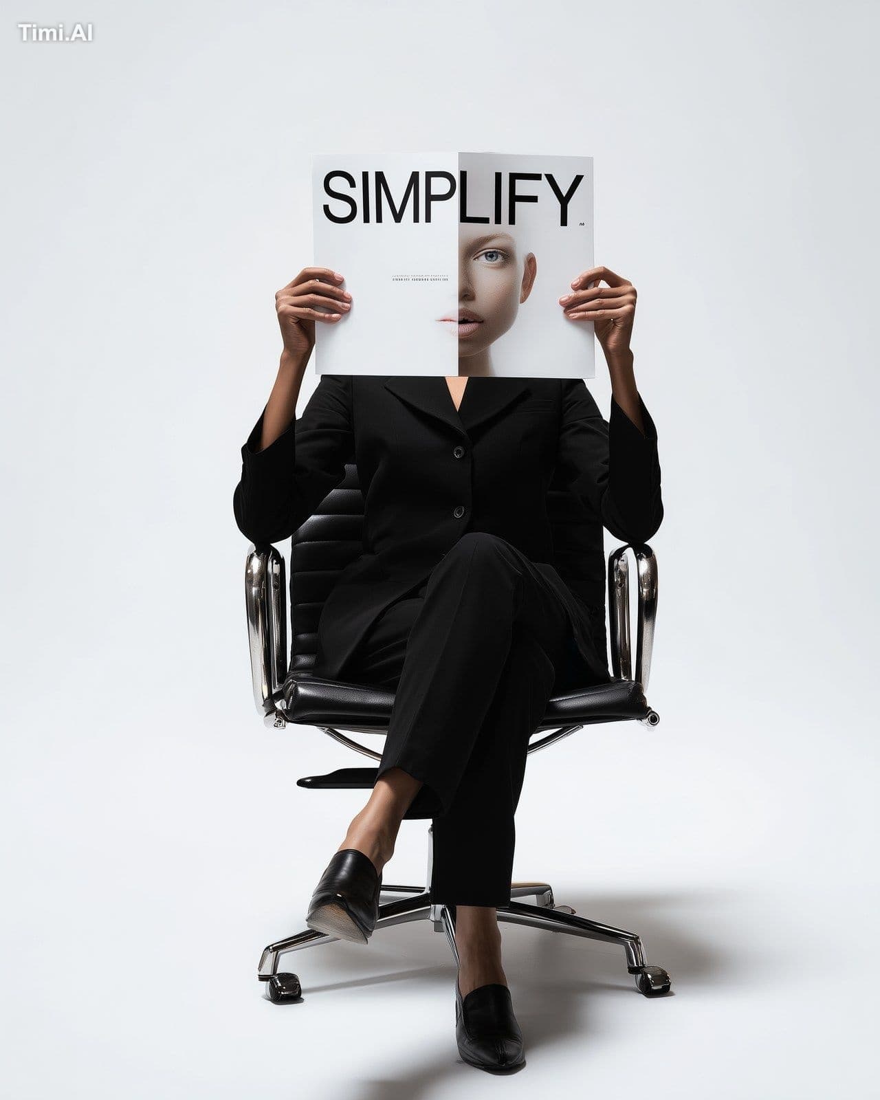Photograph of a person sitting in an office chair, holding u