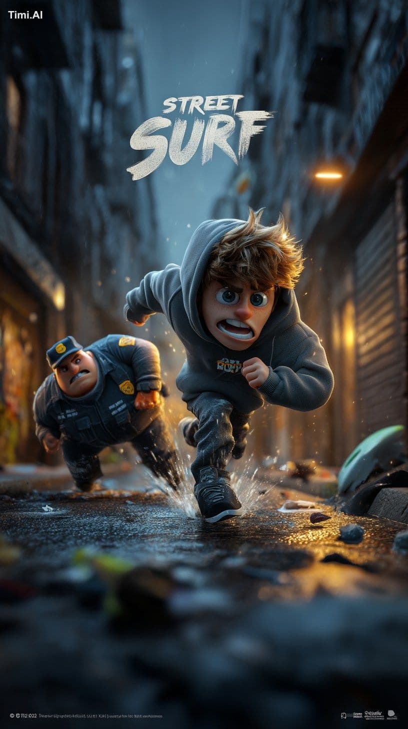 A dramatic 3D animated scene of a teenage boy in agrey hoodi