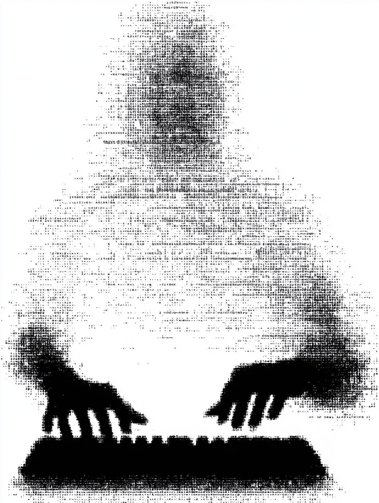 pixel illustration of hands typing on keyboard. black over w