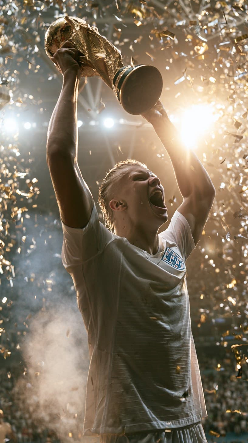 A cinematic sports photography shot of a joyful Erling Haala