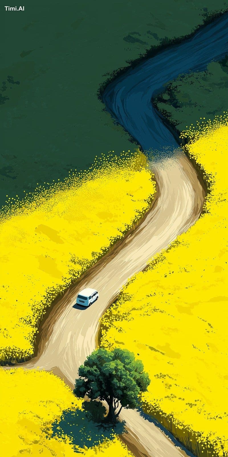 an aerial view of a white van driving along an S-shaped coun