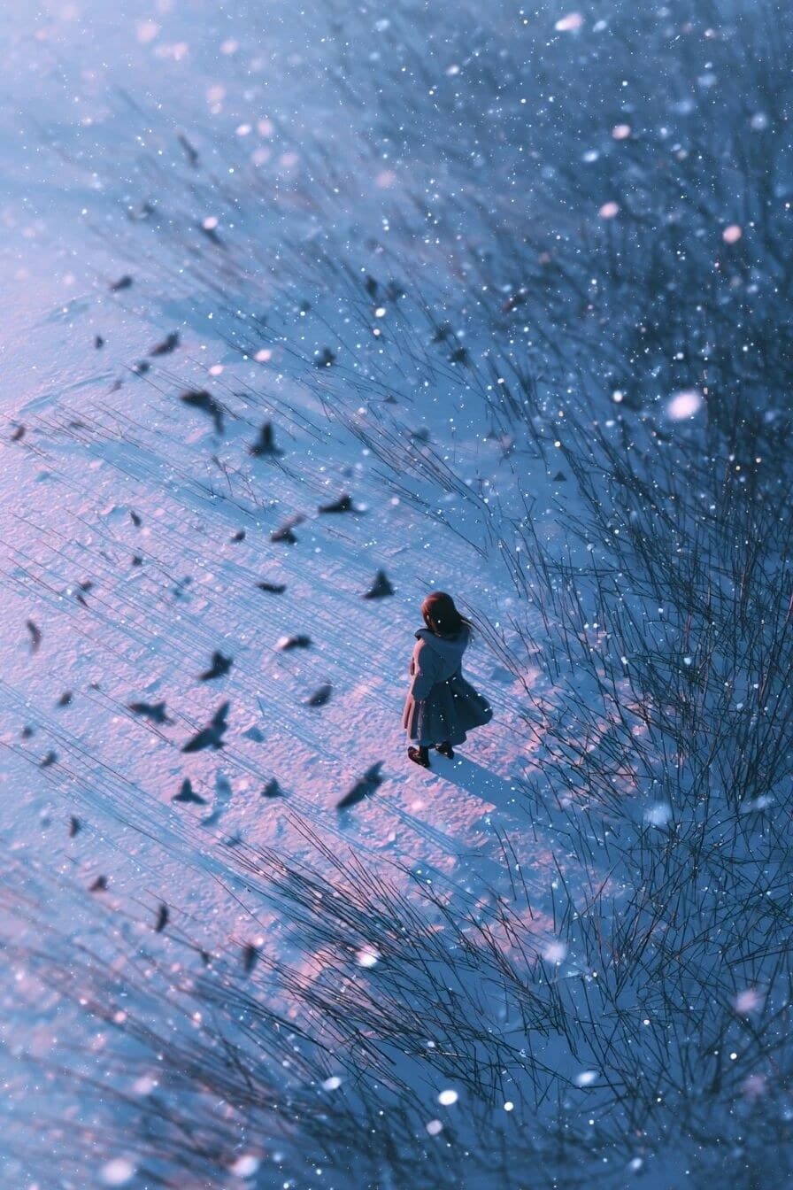 japanese style drawing of a girl, in the middle of snowed fi