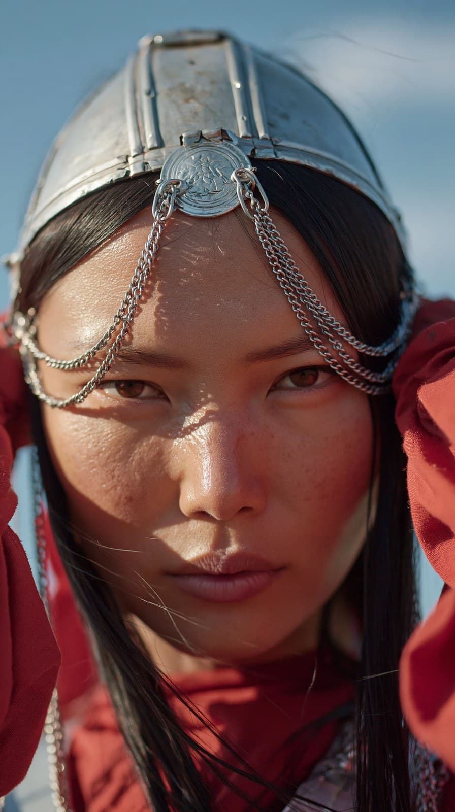 Editorial cinematic portrait, ultra close up of a Yakut woma