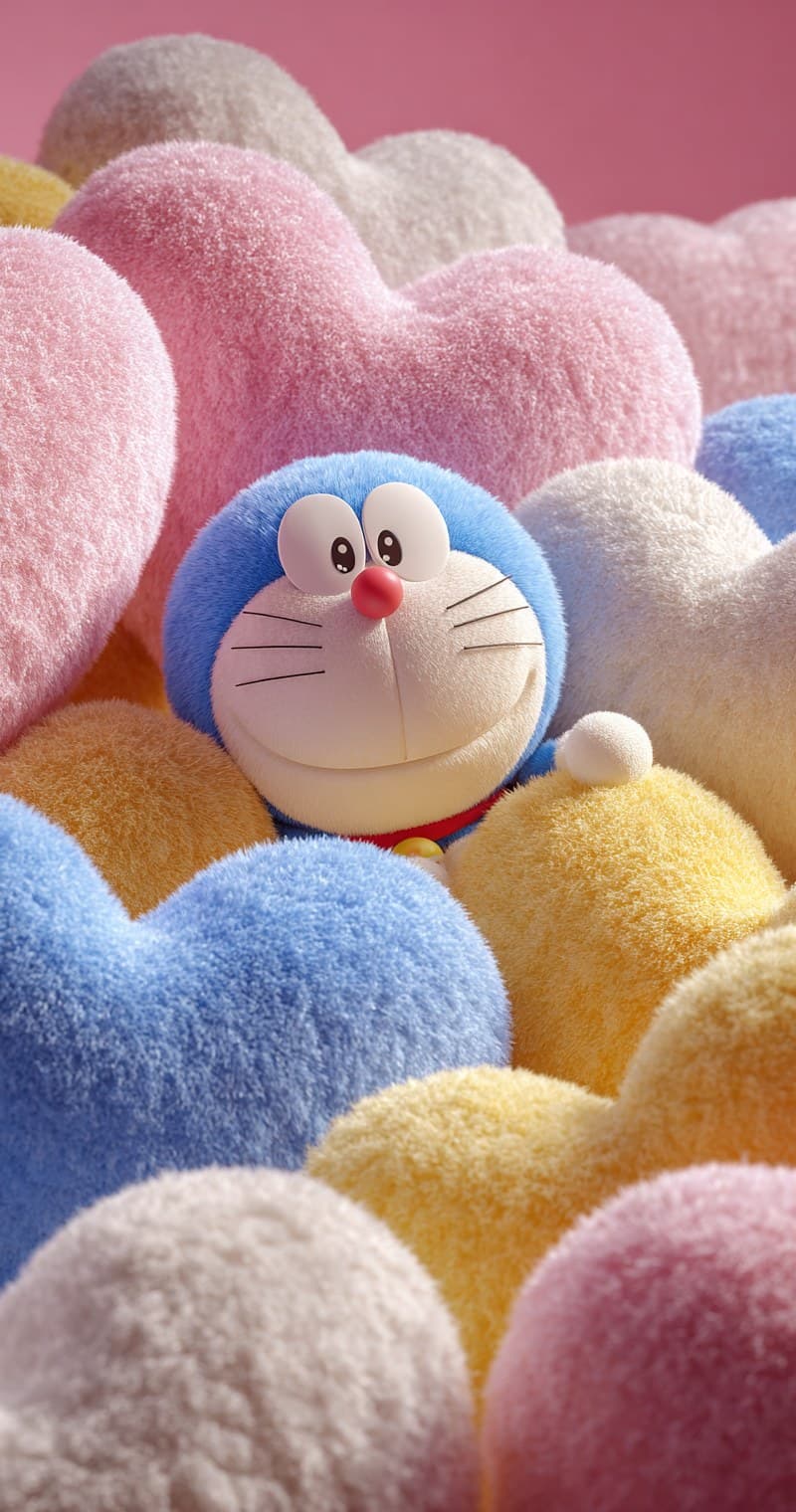Doraemon is surrounded by giant, soft, heart-shaped plush ba