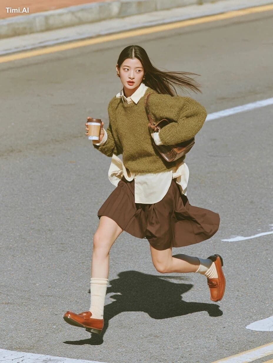 A young stylish woman crosses the street at a fast pace, hol