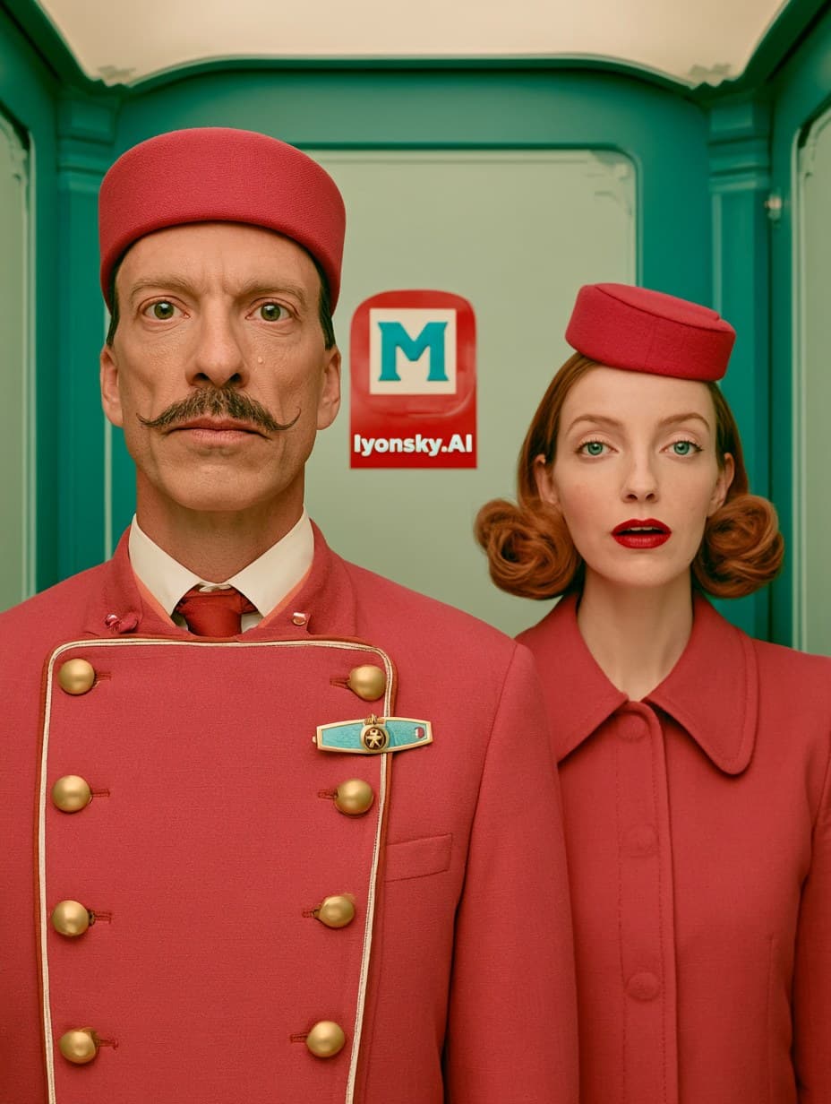 close-up shot inside elevator, female guest and male concier