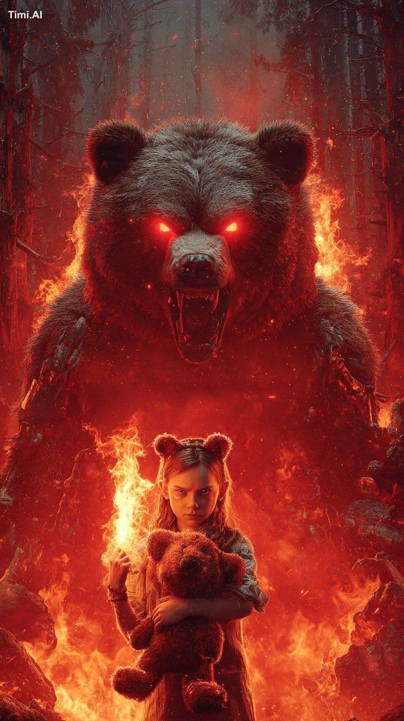 A hyper-realistic cinematic render of a fierce young girl wi