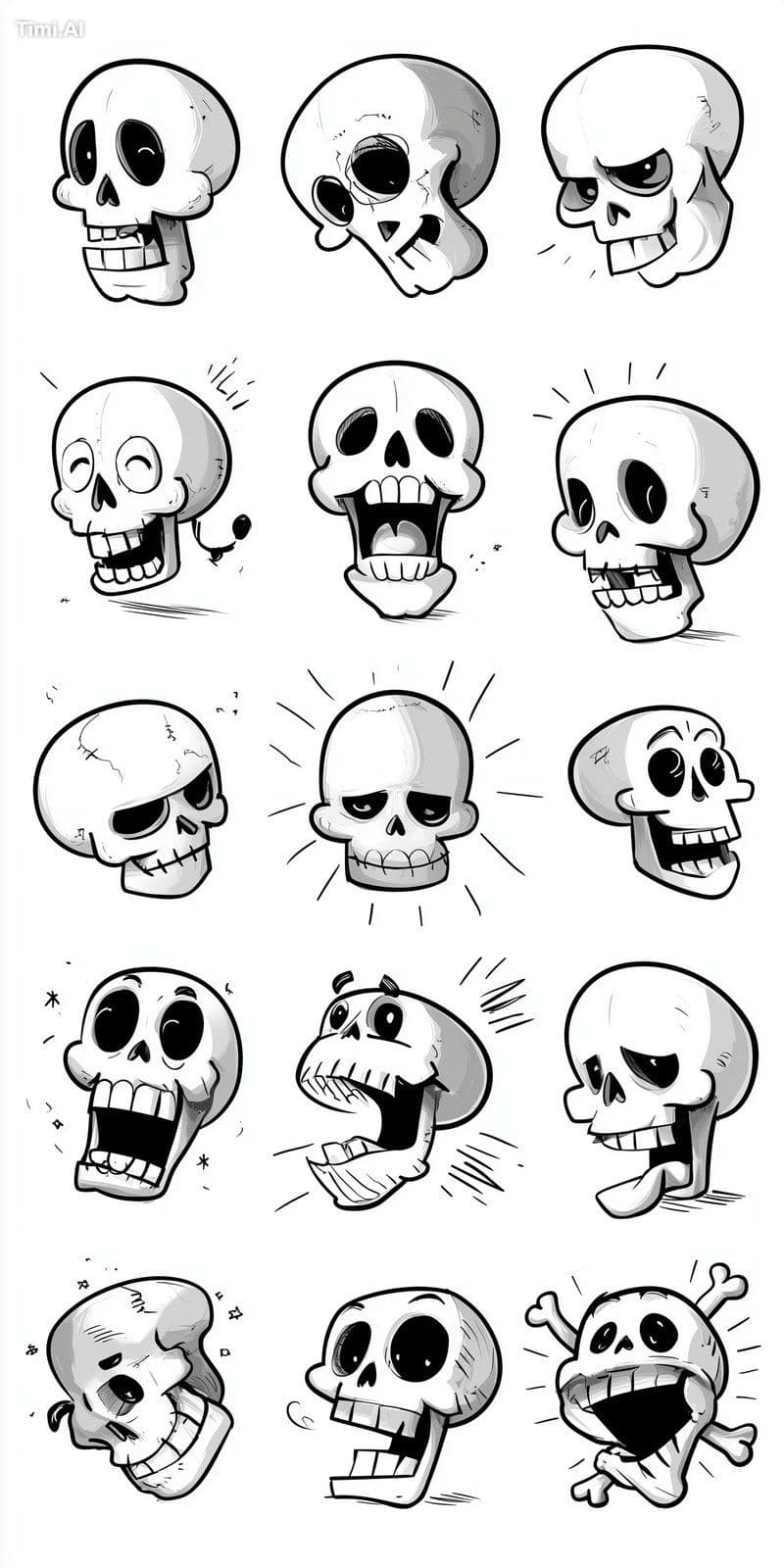 a collection of cartoon-style skulls and crossbones, various