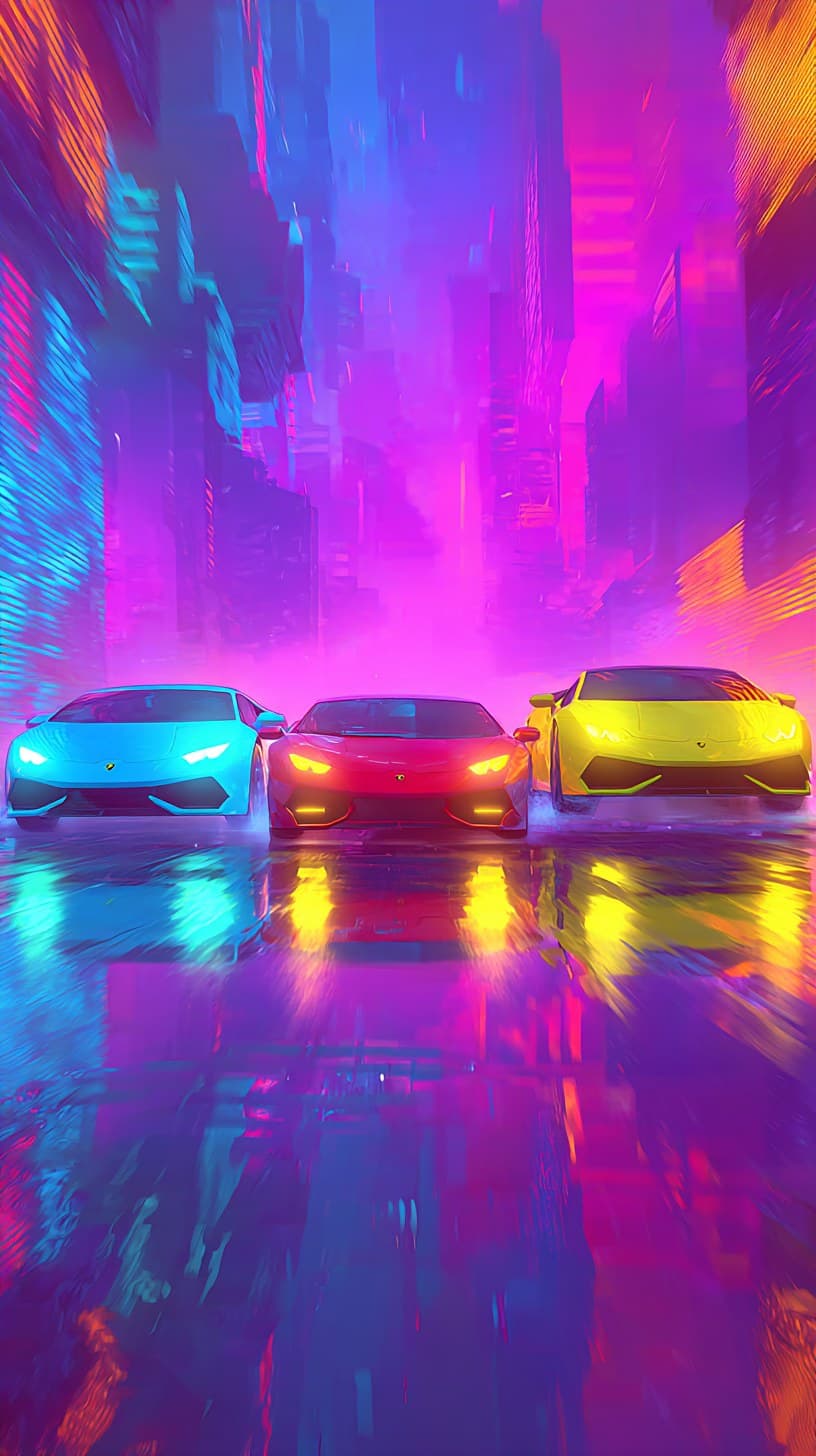 three sports cars racing forward side by side on a neon-lit 