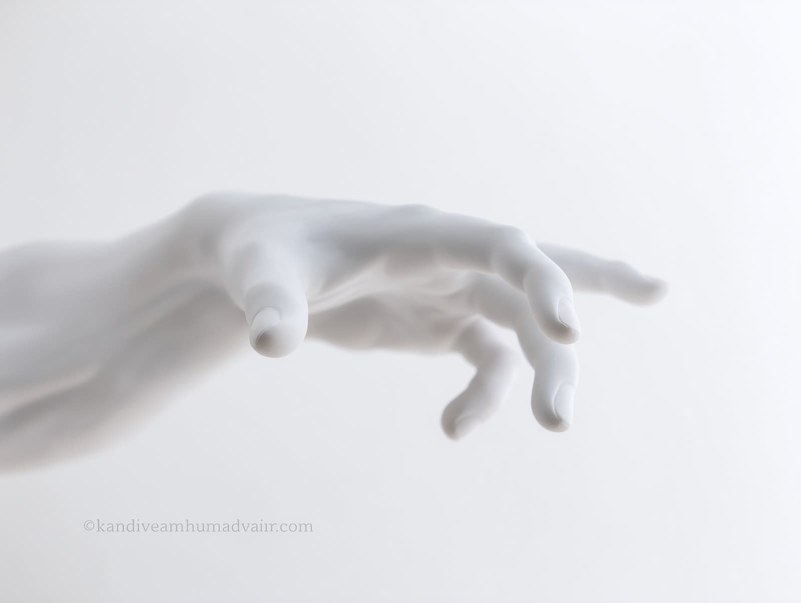 Delicate marble hand, soft close-up, pure white background,