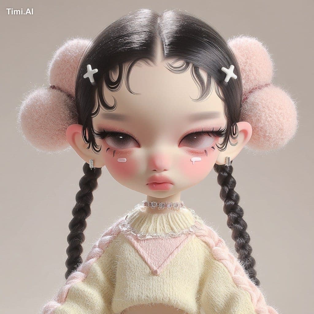 girl ,Round Face,Plush on the head,Pop Mart style --sref htt