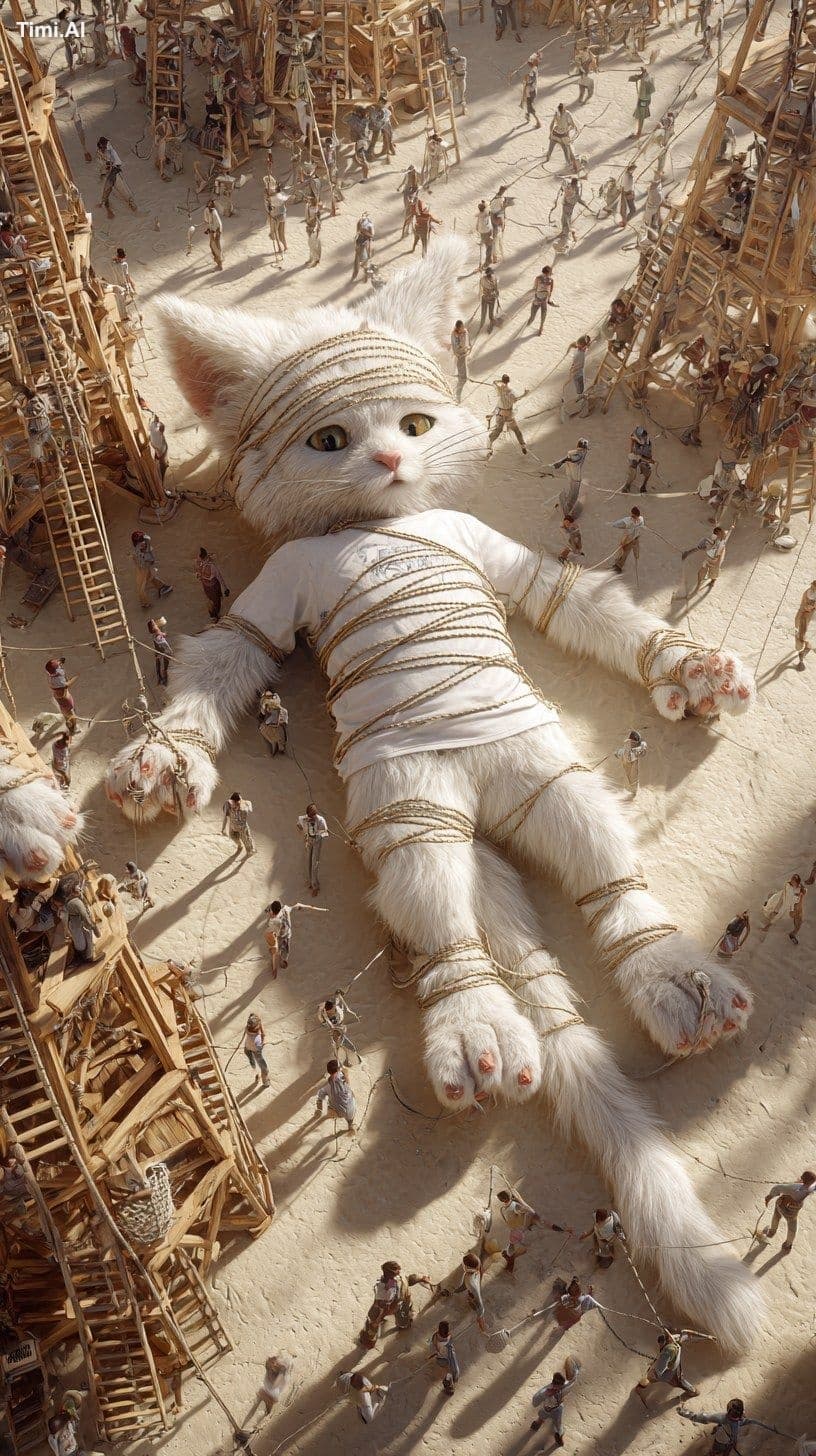 Top-down view of a giant fluffy white kitten lying flat on t