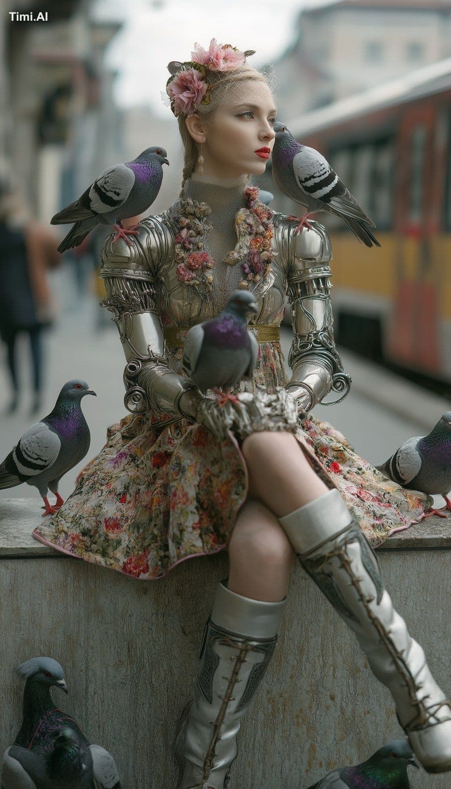 cyborg girl with twenty Pigeon in City Milano ! lensed by Ti