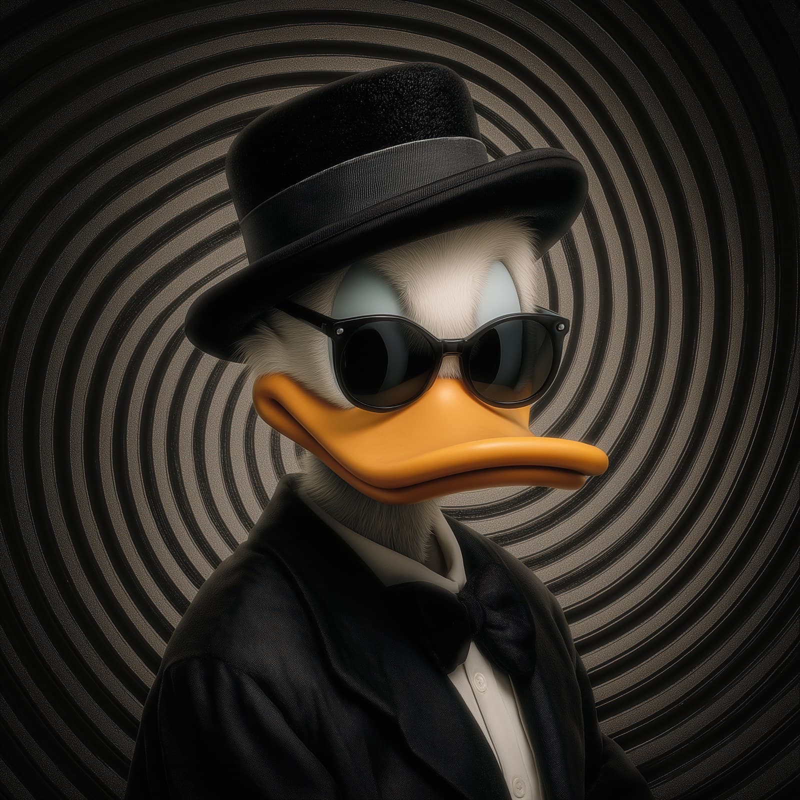 Donald Duck, wearing a black suit, hat, and sunglasses Black