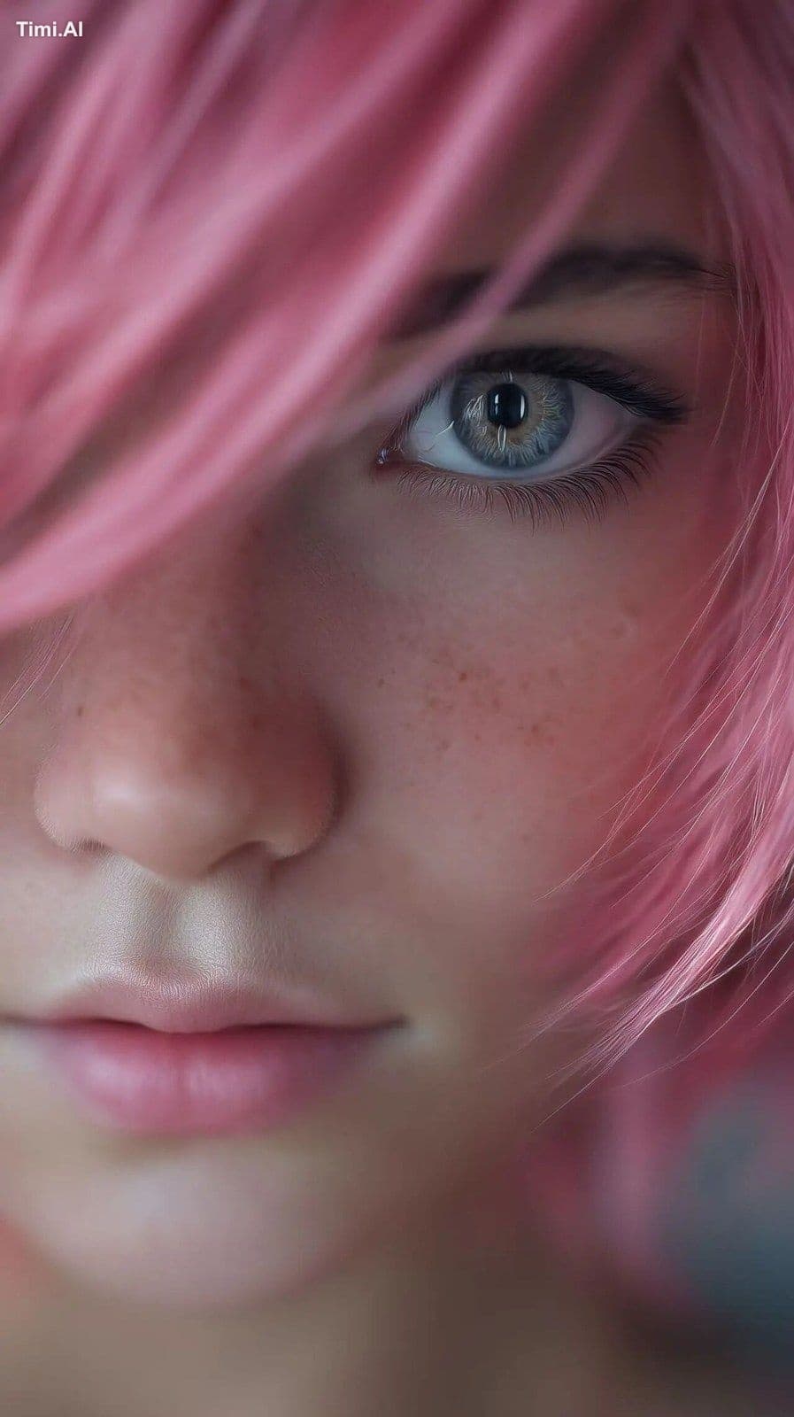 Realistic photograph of a cute beautiful girl, pink hair, fa