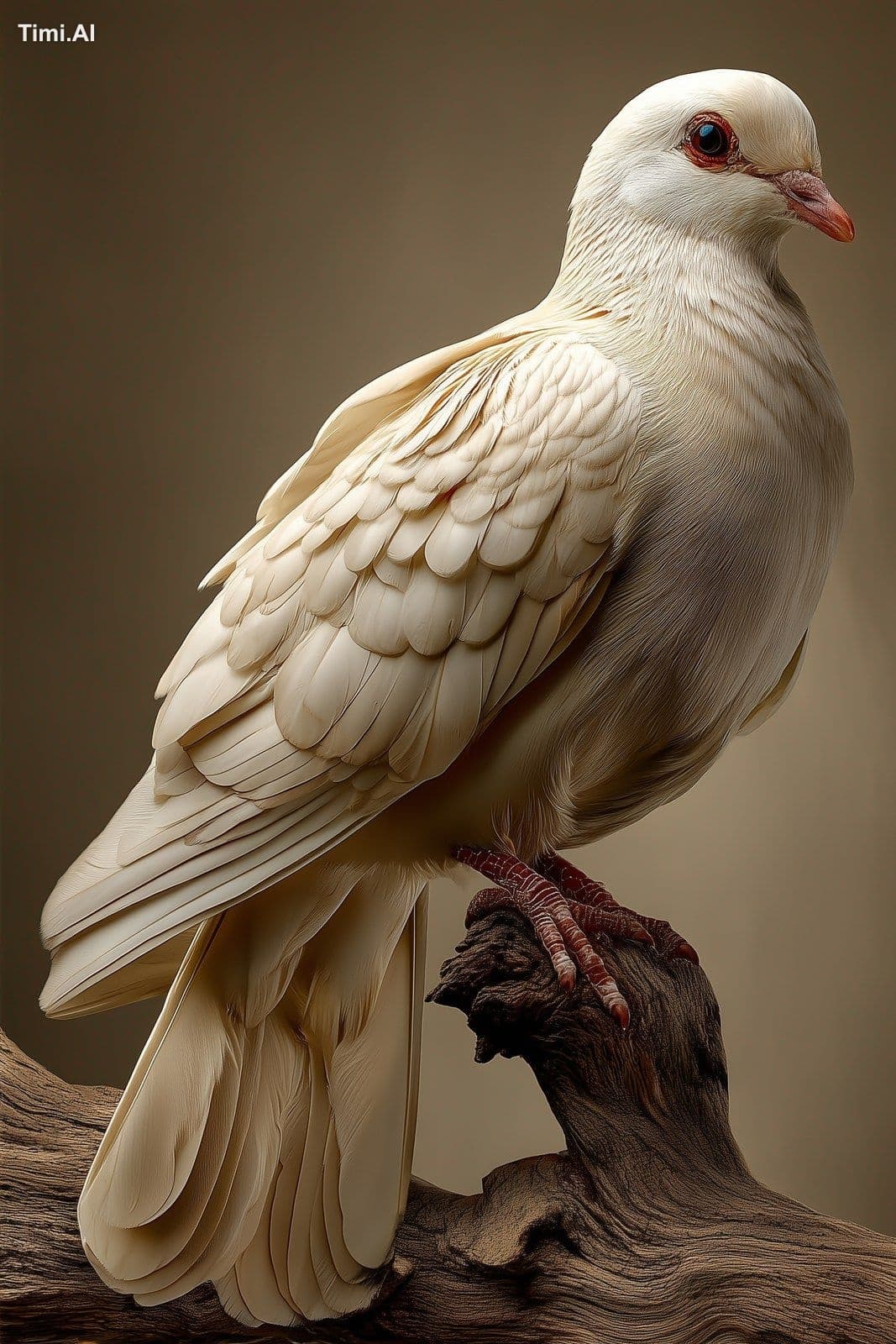 Photo, White Dove sitting on Dry Root on plain uniform beige
