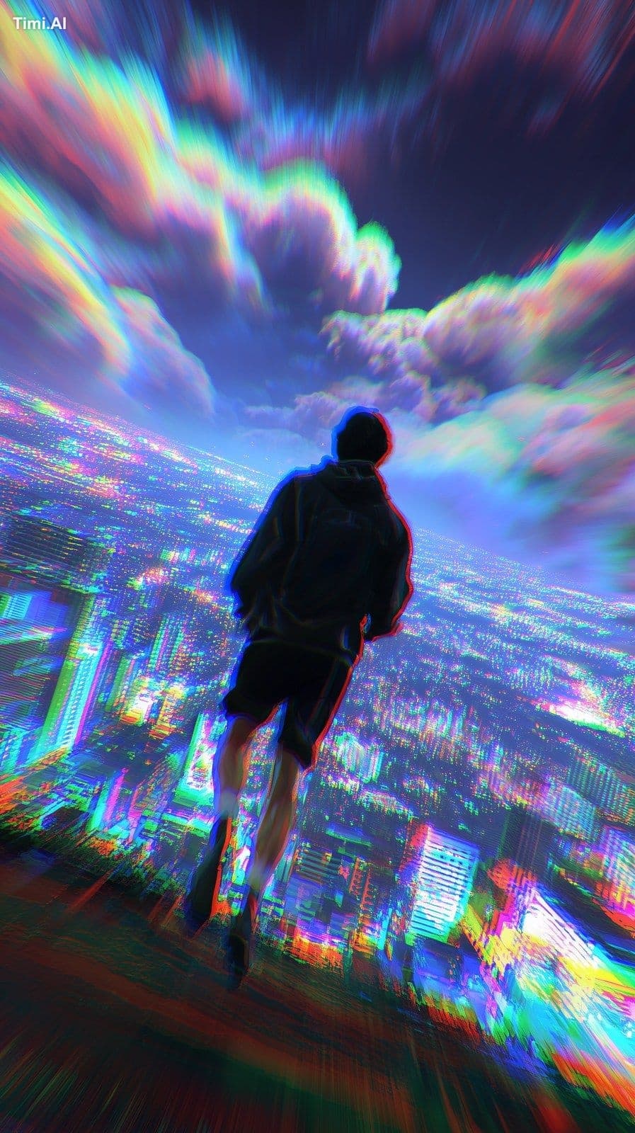 A man running through surreal, neon-colored clouds, camera p