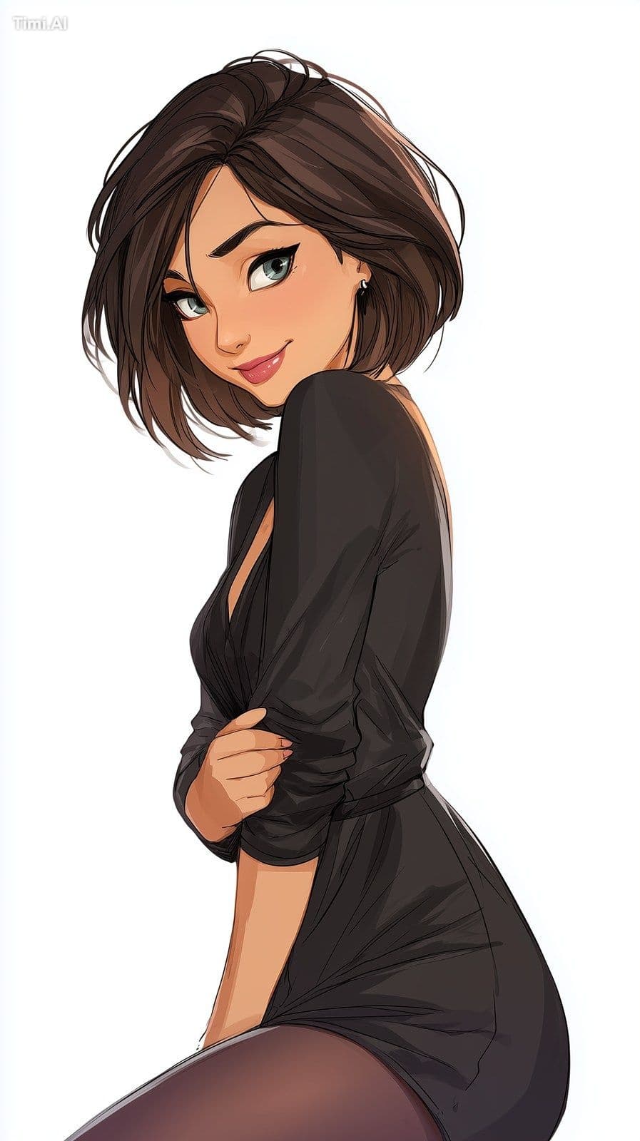 attractive woman in stockings, bobcut hairstyle, she is smil