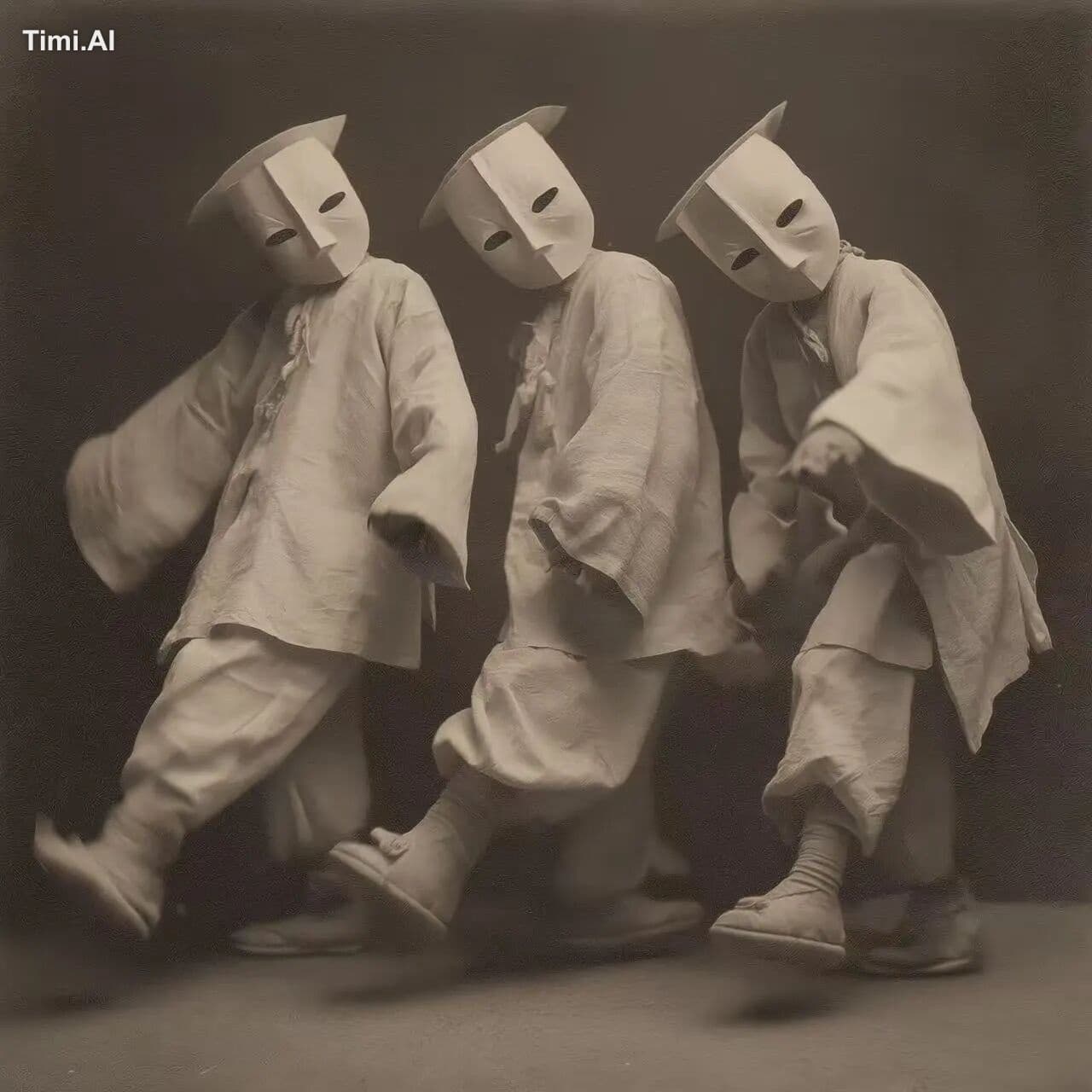 Three children perform a ceremonial dance, wearing East Asia