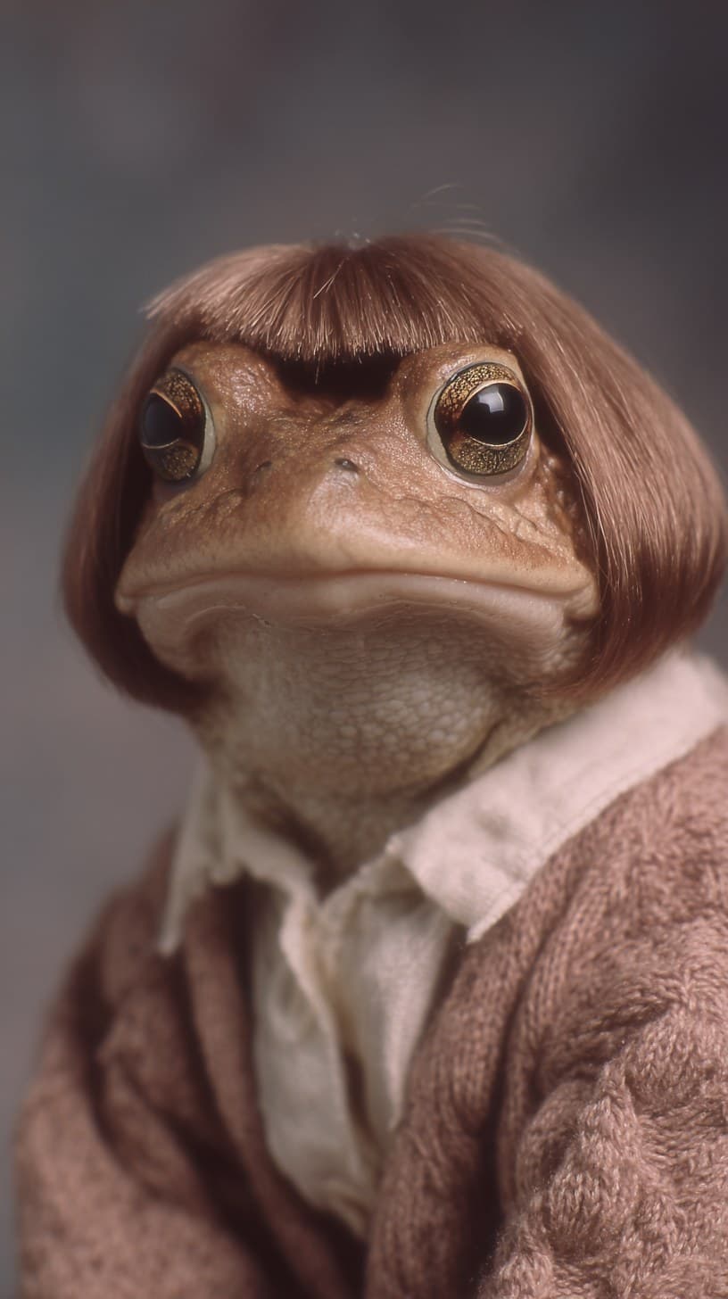 frog wearing a bob hair wig. In the style of a photo studio
