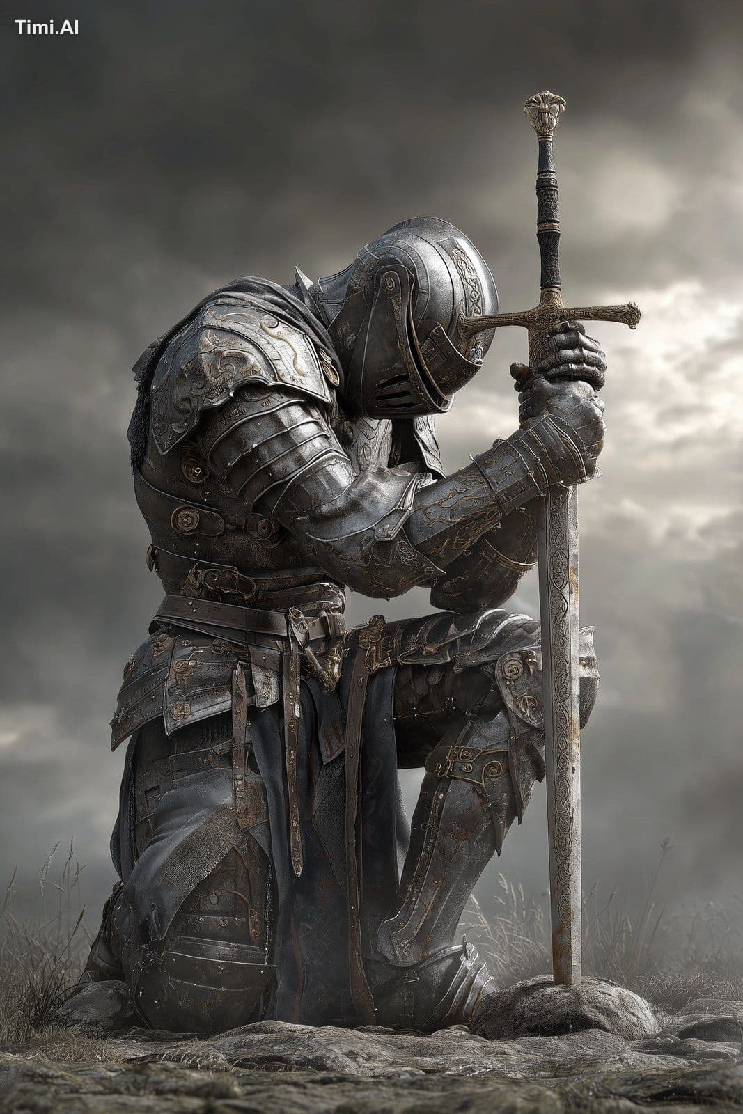 a knight in clean armour on his knees holding a very long sw
