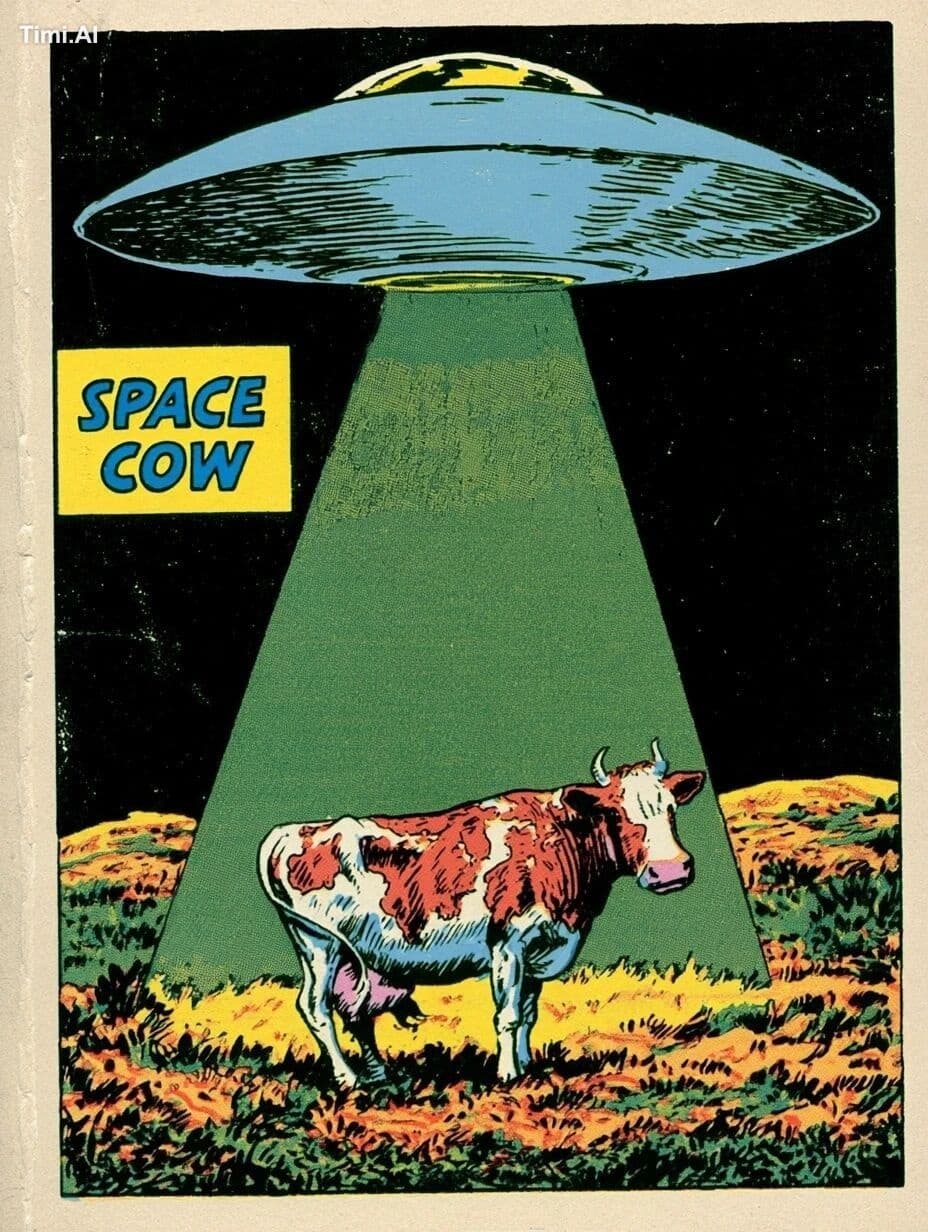 A comic book cover featuring a flying saucer using a green b