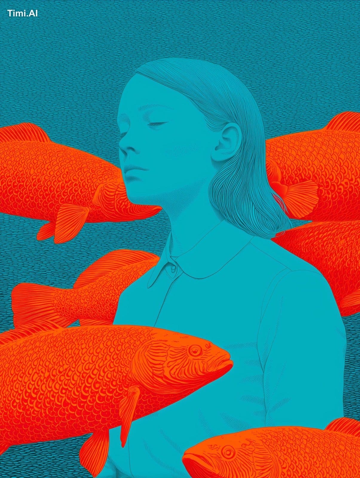 a woman surrounded by four floating big fishes turning aroun